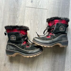 Sorel Black Tivoli 3 Boots with Red Plaid Cuff and Faux Fur Trim